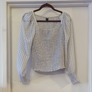 Ann Taylor Petite Gingham Smock Stretch Blouse M Purple and White